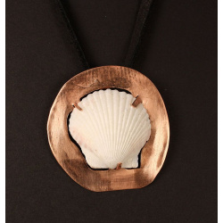 Scallop shell on copper disc